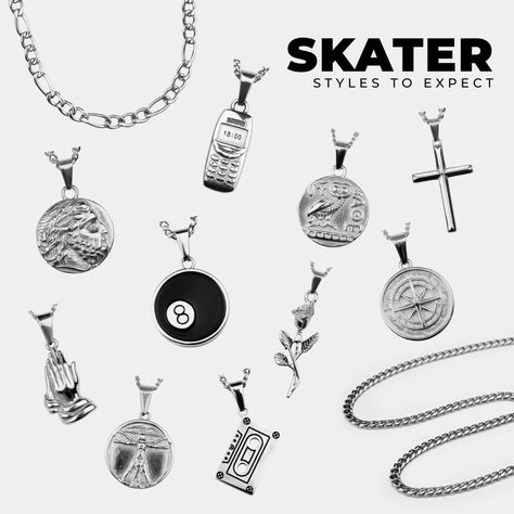 This affordable skater jewellery box is the perfect way to complete your outfits if you're rocking the skater aesthetic. Give us a few details (the more the better) and our team of in-house stylist will put together a box with pieces to perfectly match your style. Sets feature durable 316 stainless steel pieces that are water, sweat and heat resistant for long-lasting wear. The product images showcase the pieces you may receive but there are others that match the skater aesthetic included. *Box not included for sustainability reasons. Mens Stacked Necklaces, Skater Jewelry Aesthetic, Skater Jewelry, Aesthetic Drip, Aesthetic Skater, Skater Fashion, Aesthetic Jewellery, Skater Brands, Streetwear Jewelry