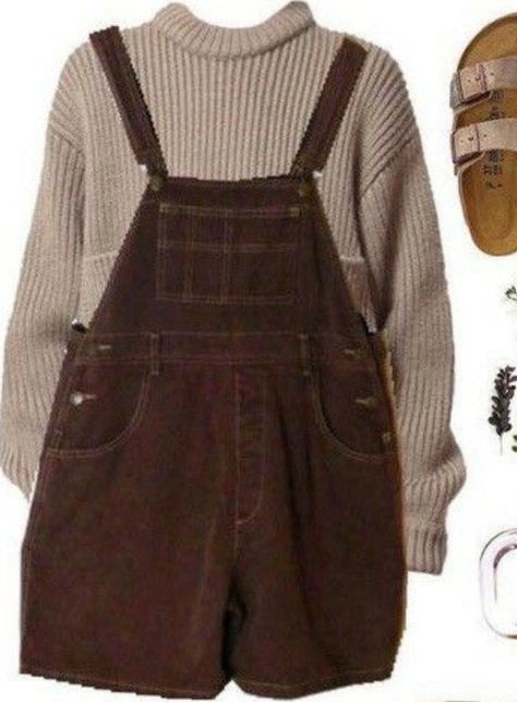 Brown Overalls Outfits, Farmcore Outfit, Overalls Shorts Outfit, Short Overalls Outfit, Overalls Outfit Short, Overalls Outfit Aesthetic, Brown Overalls, Dungaree Outfit, Dark Neutrals