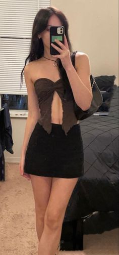 Brown Skirt With Black Top, Crop Top And Skirt Outfit Aesthetic, Black Top Brown Skirt, Brown Skirt And Black Top, Black Miniskirt Outfits Party, Party Crop Tops Night Out, Crop Top And Skirt Outfit Party, Clubbing Skirt Outfits, Brown Mini Skirt Outfit Ideas