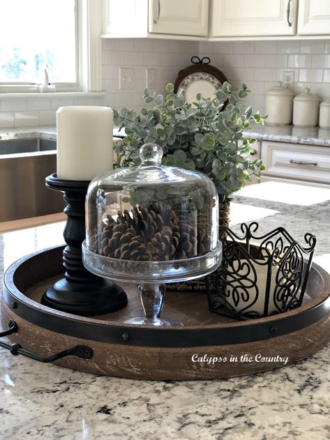 Kitchen Island Decor Idea, Centerpiece Dining Tables, Decorating With Cake Stands Centerpieces, How To Decorate Your Island, Style Coffee Table Decorating Ideas, Center Table Tray Decor, Kitchen Island Christmas Decor Ideas Decorative Trays, Decorating A Tray For Table, Diy Center Island Kitchen Ideas