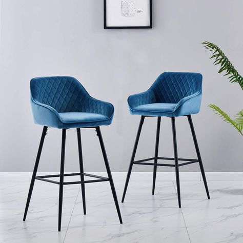 AINPECCA Set of 4 Velvet Barstools Fabric Upholstered seat with Backrest & Armrest Black Metal Legs Kitchen Breakfast Counter Chairs (Teal velvet, 4 pcs): Amazon.co.uk: Kitchen & Home Kitchen Breakfast Bar Stools, Breakfast Chairs, Breakfast Bar Chairs, Metal Counter Stools, Velvet Furniture, Blue Velvet Fabric, Breakfast Bar Stools, Breakfast Bar Kitchen, Orange Velvet