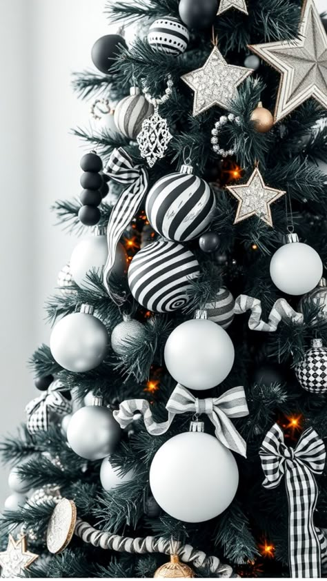 Christmas tree decorated with black and white ornaments, striped ribbons, and star-shaped decorations. Black And White Christmas Tree Ornaments, Christmas Tree Ideas With Black, Christmas Decorations Black And White, Black White Christmas Decor, Black And White Christmas Trees, Christmas Tree Decorations Diy Ornaments, Ombre Christmas Tree, Black White Christmas Tree, Black And White Christmas Decor