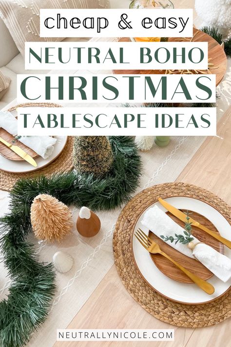 Set the perfect holiday mood with our Neutral Boho Christmas Table Settings. Explore the charm of Scandinavian Christmas decorations and create a cozy Christmas tablescape that will leave your guests in awe. Boho Christmas Table, Neutral Boho Christmas, Boho Tablescape, Boho Christmas Decor, Festive Tablescape, Boho Texture, Festive Table Setting, Dining Room Centerpiece, Scandinavian Christmas Decorations