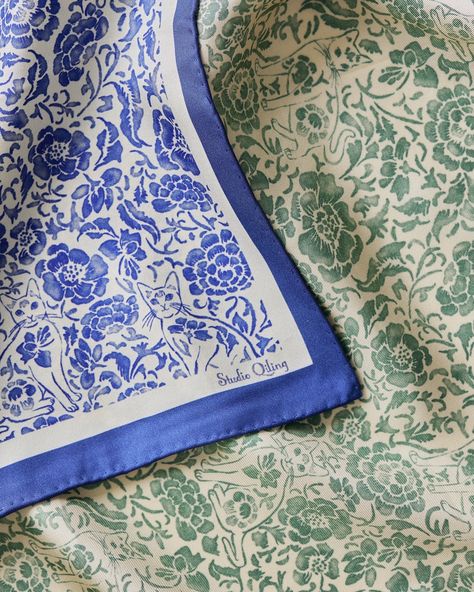 A touch of elegance and a hint of playfulness with the whimsical Porcelain Cat Double Side Silk Scarf 💙💚 . . . #handdrawnprints #printsandpatterns #silkscarf #doublesidescarf #artandfashion #wearableart #sgbrand #sgartist Silk Scarf Pattern, Scarf Print Pattern, Singapura Cat, Print Scarf Design, Silk Scarf Design, Patterns Design, Printed Silk Scarf, Scarf Design, Fabric Pattern