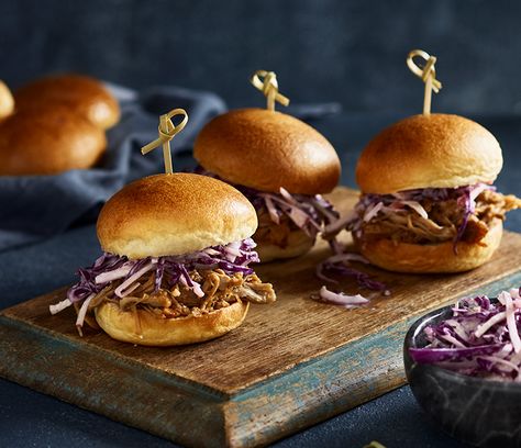 Brioche Sliders with Smokey Pineapple Pulled Pork and Apple Slaw | Bakers Delight Brioche Sliders, Pulled Pork Dip, Moulan Rouge, Potato Chip Nachos, Party Planning Food, Bakers Delight, Girls Lunch, Pork Lettuce Wraps, Pulled Pork Sliders