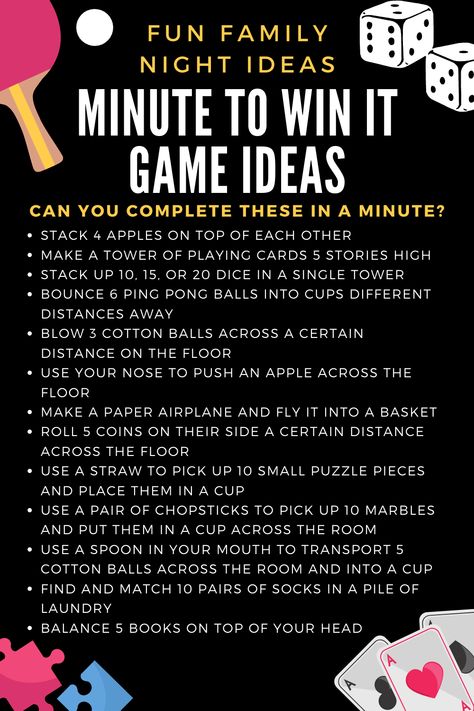 For a fun game to play with your family at home, try a family version of the game show “Minute to Win It”. Most tasks use simple, household items which is why this is an ideal game to play at home! Games Day Ideas, Games To Play With 4 People Inside, Games To Play With Siblings At Home, Game Show Activities, Tv Game Shows To Play At Home, Game Night With Family, Games That Dont Require Anything, Games To Play With Family Outside, Game Ideas For Family Gatherings