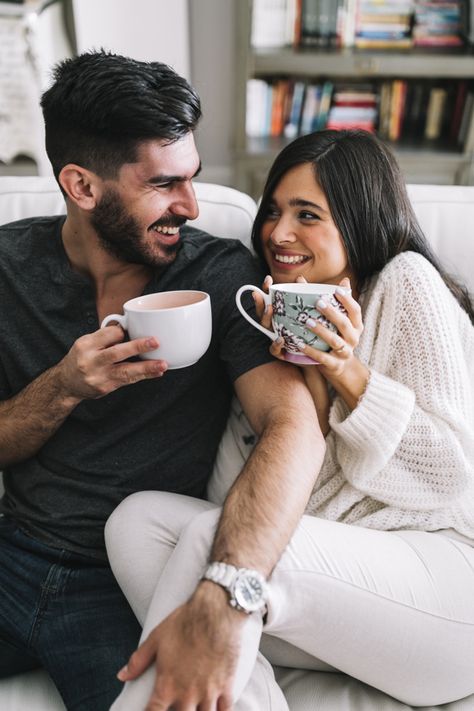 Couples Sitting Together Couch, Couple On Sofa, R6 Black, Sit Pose, Prewedding Studio, Holding Coffee, Black Monster, Couple Coffee, Home Photo Shoots