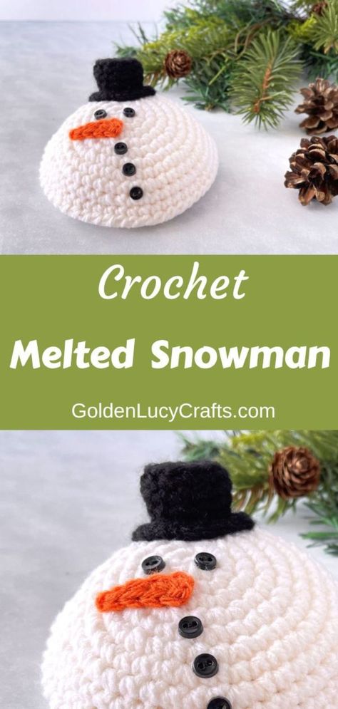 Crocheted melted snowman toy. Crochet Snowman Towel Topper, Crochet Quick Christmas Decorations, Crochet Melted Snowman, Crochet Items For Winter Craft Fair, Crochet For Elderly, Crochet Snowman Garland Free Pattern, Easy Free Christmas Crochet Patterns, Crochet Snow Man, Christmas Crochet Crafts To Sell