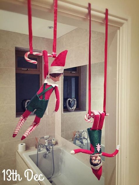 Elf On The Shelf Foot Prints, Let’s Take Elfie, Swimming Elf On The Shelf, Elf With Toys Ideas, Elf On The Shelf Taped To The Wall, Invisible Elf On The Shelf Ideas, Elf On Ceiling, Easy Elf On The Shelf For Toddlers, Elf Couple Ideas