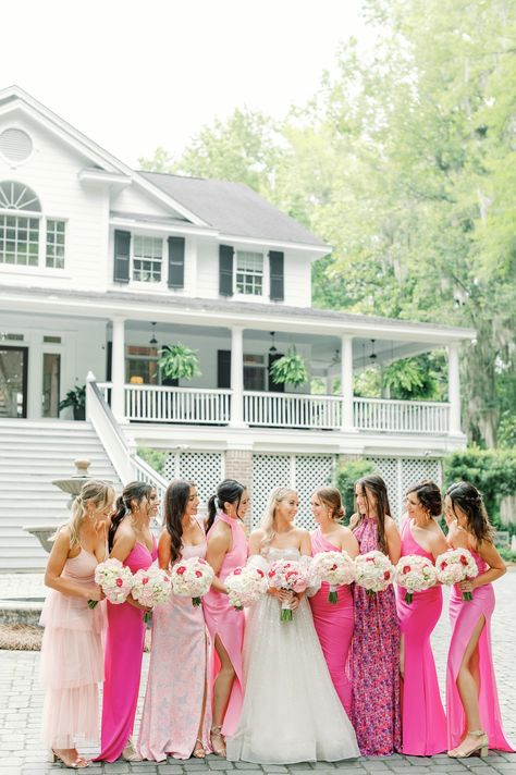 Bridesmaid Dresses Mismatched Pink, Shades Of Pink Bridesmaids, Bright Pink Bridesmaid Dresses, Pink Mismatched Bridesmaid Dresses, Pink Bridesmaid Dresses Mismatched, Pink Bridal Party, Berta Gowns, Light Pink Bridesmaids, Pink Bridesmaids