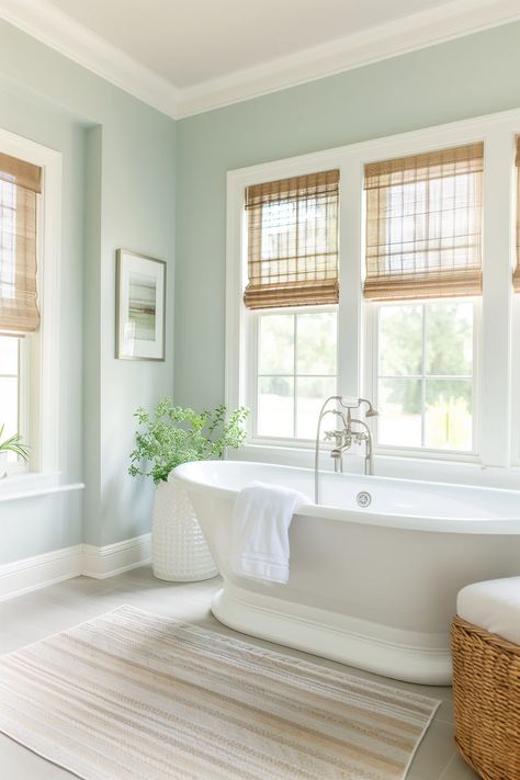 Sherwin Williams Rainwashed - Jenna Kate at Home Green Coastal Bathroom, Light Blue Green Paint Colors, Light Bathroom Paint Colors, Light Green Bathroom Walls, Light Blue Bathroom Walls, Bathroom Green Paint, Light Green Wall Paint, Sea Green Bathroom, Green And Blue Bathroom