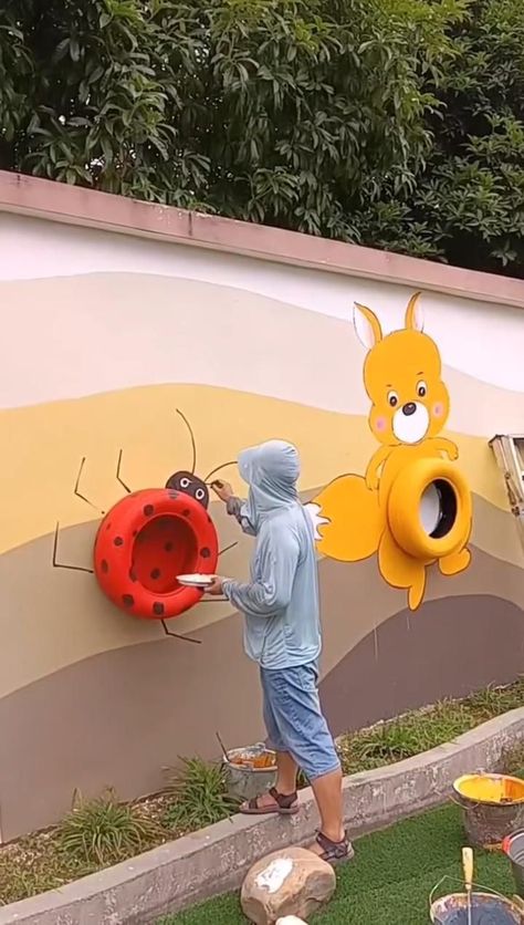 Tyre Ideas For Kids, School Playground Ideas, Tyre Ideas, Classroom Walls Paint, Daycare Room Design, Playground Painting, Daycare Decor, Tire Art, Daycare Design