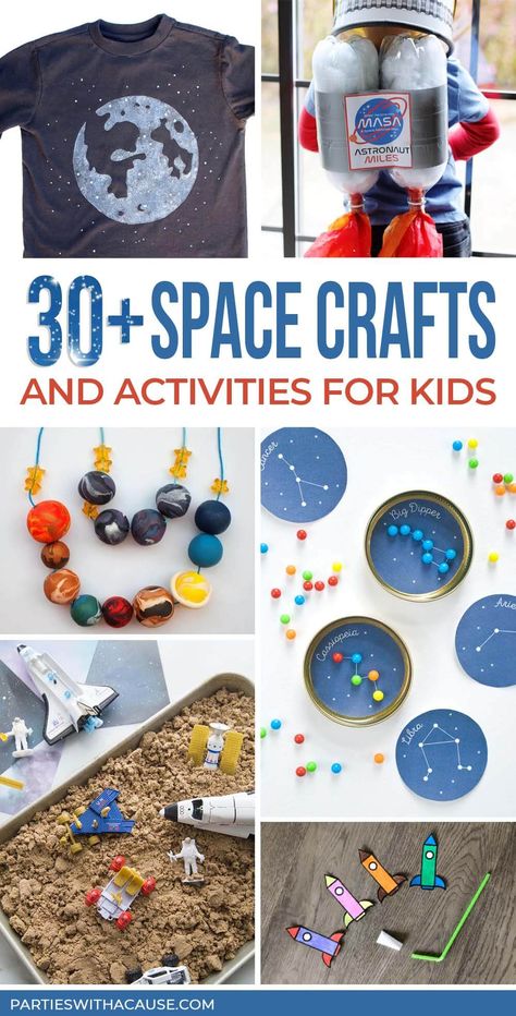 Space Craft For Preschoolers, Space Party Games Activities, Easy Space Themed Crafts, Arts And Crafts Summer Camp, Space Birthday Party Crafts, Space Week Ideas, Space Birthday Party Games Activities, Space Themed Camp Activities, Space Camp Crafts