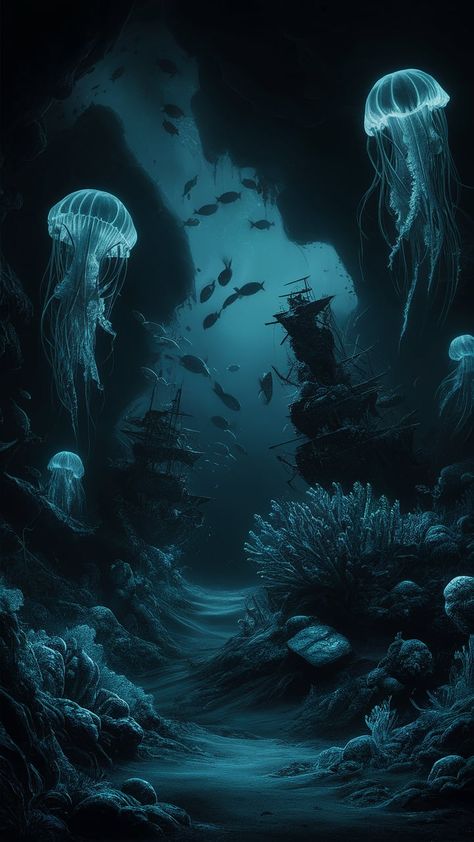 Immerse yourself in the haunting beauty of the deep sea with this dark-themed ocean wallpaper. Bathed in moody, deep blue hues that merge into an almost-black abyss, the scene features illuminated jellyfish with trailing luminescent tentacles, ghostly shipwrecks encrusted with barnacles, and shadowy schools of fish. The textured ocean floor is adorned with scattered corals, seaweed, and hints of lost treasures. Soft, bioluminescent glows from various sea creatures and plants cast an eerie, magical light, evoking a sense of mystery and wonder. Cool Jellyfish Wallpaper, Dark And Blue Wallpaper, Deep Underwater Aesthetic, Ghost Blue Aesthetic, Ocean Creatures Aesthetic, Dark Sea Aesthetic Wallpaper, Underwater Ocean Aesthetic, Dark Ocean Aesthetic Wallpaper, Blue Ocean Aesthetic Wallpaper