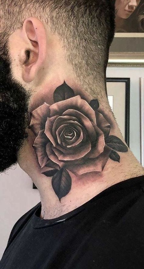 Rose Neck Tattoo, Rose Vine Tattoos, Rose Tattoo Meaning, Realistic Rose Tattoo, Throat Tattoo, Rose Tattoos For Men, Neck Tattoo For Guys, Skeleton Hand Tattoo, Chest Piece Tattoos