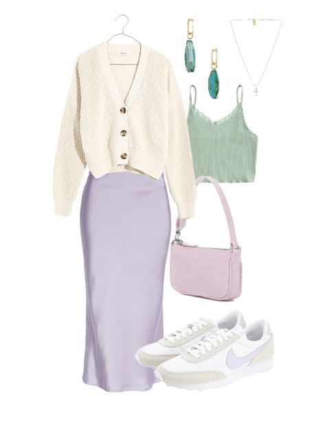 Lavender Fashion Aesthetic, Lilac Slip Skirt Outfit, Purple Dress And Cardigan Outfit, Lavender Capsule Wardrobe, Lavender Satin Skirt, Purple Shein Outfits, Lavender Pencil Skirt Outfit, Pastel Purple Clothes Aesthetic, Beige And Lavender Outfit