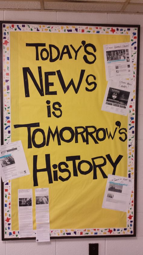 I love this bulletin board because it keeps up with current issues. We could tap into other news in foreign countries to keep students' knowledge up to date. History Teacher Classroom, History Bulletin Boards, History Classroom Decorations, High School History Classroom, Classroom Decor Middle, Social Studies Education, Middle School History, High School Social Studies, 6th Grade Social Studies