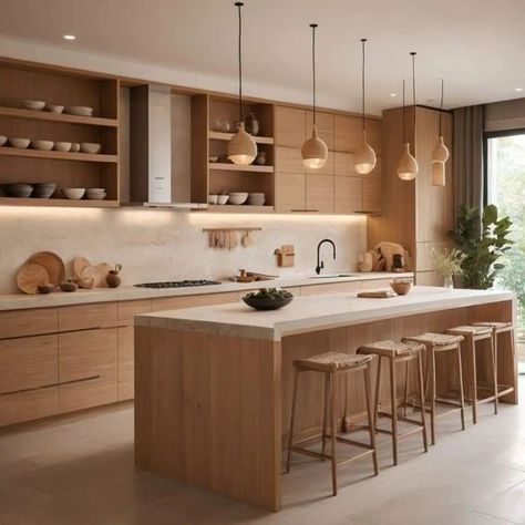 Japandi Style Apartment, Small Japandi Kitchen, Japandi Kitchen Island, Japandi Interior Design Kitchen, Kitchen Wood Island, Cuisine Japandi, Light Oak Kitchen, Japandi Farmhouse, Japandi Style Kitchen