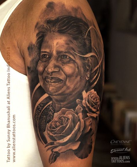 Portrait Memorial Tattoo Ideas, Face Portrait Tattoo Sleeve, Half Sleeve Portrait Tattoo, Parent Portrait Tattoo, Shoulder Portrait Tattoo, Family Portrait Tattoo Sleeve, Rip Portrait Tattoo Ideas, Mother Portrait Tattoo, Grandma Portrait Tattoo