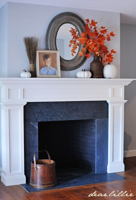 Soapstone Fireplace, Simple Fall Mantle, Slate Fireplace Surround, Autumn Mantel, Mantle Decorating, Craftsman Tile, Slate Fireplace, Fall Mantle Decor, Mantel Ideas