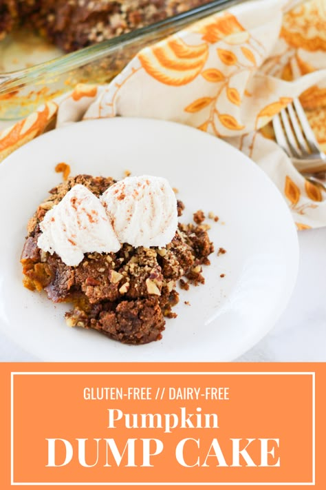 Pumpkin dump cake (gluten-free and dairy-free) - The Fitnessista Gf Pumpkin Dump Cake, Dairy Free Pumpkin Dump Cake, Gluten Free Pumpkin Dump Cake, Dairy Free Pumpkin Dessert, Pumpkin Cake Mix, Pumpkin Dump Cake Recipe, Paleo Pumpkin Pie, Pumpkin Dump, Pumpkin Crisp