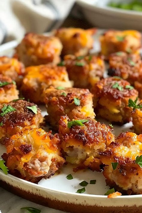 Freshly baked sausage hashbrown bites in a muffin tin Healthy Brunch Food Ideas, Mini Muffin Sausage Bites, Best Brunch Appetizers, Hash Brown And Sausage Bites, Hashbrown And Sausage Bites, Easy Savory Brunch Ideas, Handheld Brunch Food, Savory Breakfast Bites, Crispy Hash Brown Sausage Bites