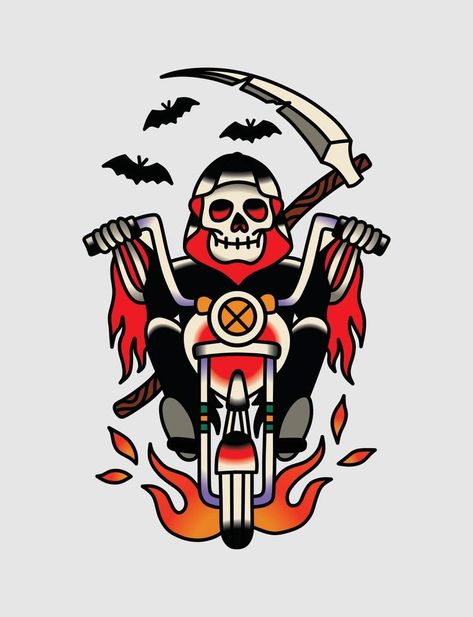 Grim Reaper Riding Motorcycle, Reaper Motorcycle Tattoo, American Traditional Tattoos Motorcycle, Cool Traditional Tattoos Ideas, American Traditional Biker Tattoo, American Traditional Motorcycle, Skull Motorcycle Tattoo, Grim Reaper Tattoo Traditional, American Traditional Grim Reaper