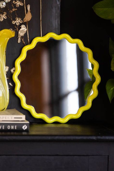 Lifestyle image of the Yellow Wavy Frame Wall Mirror Wavy Frame, Yellow Mirror, Yellow Mirrors, Statement Mirror, Wavy Mirror, Quirky Home, Circle Mirror, Rockett St George, Hallway Wall