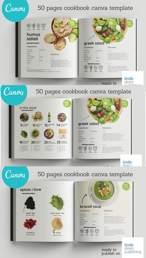 50 Pages Canva Salads Book Template. File Size: 13.21 MB. Dimensions: 8.5 x 8.5 in. DPI: 300. Layered. Tileable Recipe Magazine, Recipe Book Pages, Recipe Layout Design, Cookbook Inspiration, Food Book Design, Magazine Recipes, Food Magazine Design, Book Recipes Design, Recipe Layout