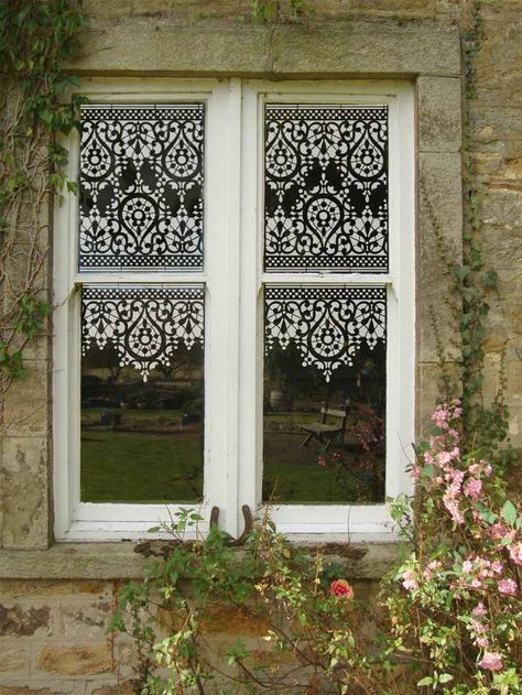 Stencilled window. Acrylic paint and OTT20 stencil. From The Stencil Library's blog. Window Stencils, Lace Window Screen, Planet Stencil, Lace Stencil, Window Treatments Sheer, Lace Window, Viborg, Tile Stencil, Diy Window