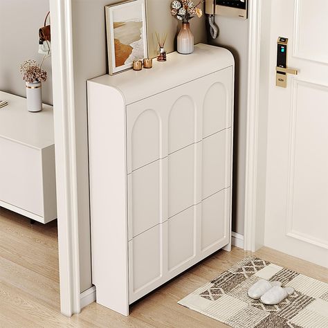 PRICES MAY VARY. ✔Hidden Shoe Cabinet Space-Saving Design: Our freestanding tipping shoe cabinet is the perfect solution for entryways, hallways, and closets with limited space. Its narrow design allows it to fit seamlessly into tight areas, making it an excellent addition to small apartments or homes. ✔Organized Shoe Storage: With its 3-tier tipping bucket design, this shoe cabinet offers ample storage for all your footwear needs. The tilted shelves not only provide easy access to your shoes bu Shoe Storage Furniture Ideas, Bucket Shoes, Closet Shoe Organization, Hidden Shoe Cabinet, Hidden Shoe Storage, White Shoe Rack, Shoe Cabinet Design, Vintage Entryway, Shoe Rack Bedroom