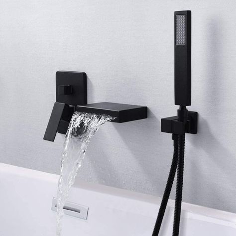 Stand Alone Bath Tub, Downstairs Ideas, Waterfall Bathtub, Waterfall Tub Faucet, Black Bathtub, Black Tub, Wall Mount Tub Faucet, Bathtub Filler, Freestanding Tub Faucet