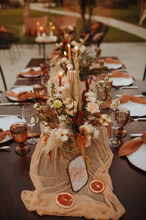 Luxury Boho Wedding Decor, Boho Centerpieces Wedding Table Decor, Boho Wedding 2023, Dried Orange Seating Chart, Sage Green Desert Wedding, Terracotta Cheesecloth Wedding, Elegant Organic Wedding, Fall Boho Wedding Table Settings, Bohemian Table Setting Wedding