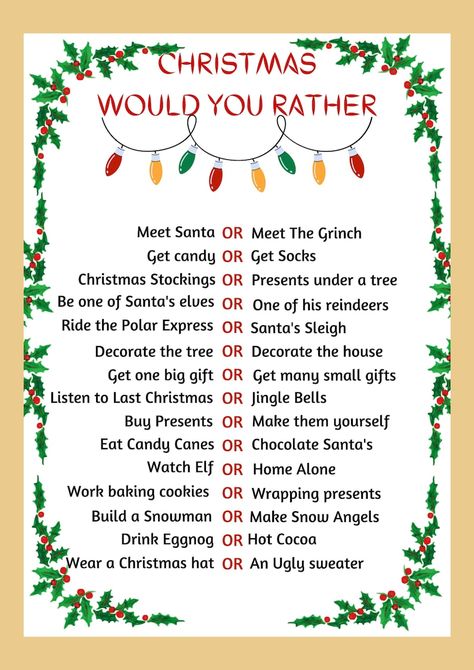 Holiday Family Game Ideas, Christmas Work Party Ideas Activities, Christmas Activities For Teens, Xmas Games For Family, Christmas Games Family, Christmas Activity Ideas, Kids Christmas Games, Would You Rather Game, Christmas Party Activities