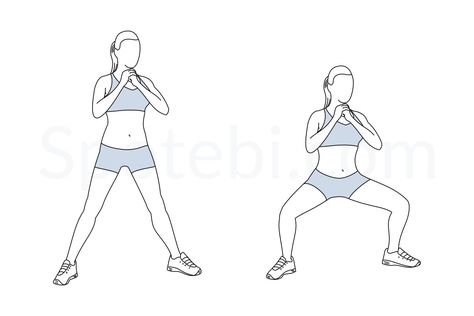 Sumo squat exercise guide with instructions, demonstration, calories burned and muscles worked. Learn proper form, discover all health benefits and choose a workout. Lunge Workout, Plie Squats, Hip Flexor Exercises, 7 Minute Workout, Calories Burned, Basketball Workouts, Side Lunges, Sumo Squats, Squat Workout