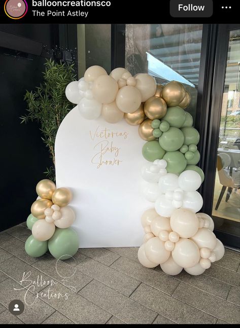 Sage Green Backdrop, Christening Balloons, Sage Green Baby Shower, Dragon Baby Shower, Baby Shower Decorations Neutral, Outside Baby Showers, Green Baby Shower, Shower Backdrop, Birthday Party Theme Decorations