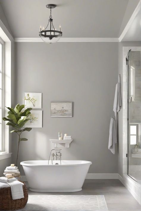 Step into your modern cozy bathroom retreat with BM Classic Gray (1548) for a timeless touch of elegance. Discover how to infuse this sophisticated hue into your daily interior designer routine. #Ad #homedecor #homedesign #bathroom #Painthome interiorarchitecture best Wall Colors for Bathroom Colors Bright Room Colors best colors combinations bathroom bathroom Remodeling Modern Paint Colors 2024 Light Grey Master Bath, Gray Paint Colors For Bathroom, Gray Wall Colors, Bm Classic Gray, Classic Grey Bathrooms, Bathroom Paint Colors Sherwin Williams, Bathroom Ceiling Paint, Grey Bathroom Paint, Bright Room Colors