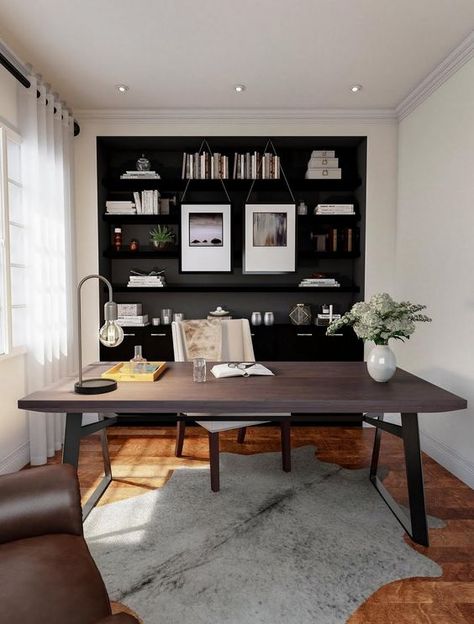 Office in Caffe Latte tones, an ambiance of contrasting tones, from the brown of coffee to the white of milk, becomes an environment with a lot of charm that conveys comfort! Black Bookcases, Men Office, Small Home Office, Modern Home Office, Design Del Prodotto, Home Office Space, Home Office Organization, Office Room, Desk Design