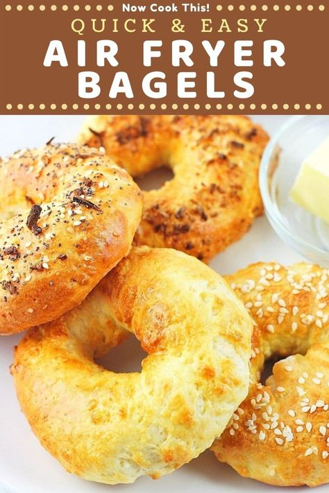 These Quick and Easy Air Fryer Bagels are made with 5 simple ingredients, including Greek yogurt (but no yeast), and are ready to eat in just 30 minutes. Plus, they're lower in calories than most store-bought bagels and less expensive too. You've got to try them to believe how good they are! Get the recipe and give it a go! #airfryerbagels #noyeastbagels #bagels #airfryerrecipes Homemade Bagels Air Fryer, Airfryer Bagel Recipe, Easy Air Fryer Bagels, Greek Yogurt Bagels 2 Ingredients Air Fryer, Airfry Bagel, 2 Ingredient Bagels Air Fryer, Pantry Ingredient Recipes, Air Fryer Greek Yogurt Bagels, Air Fried Bagels