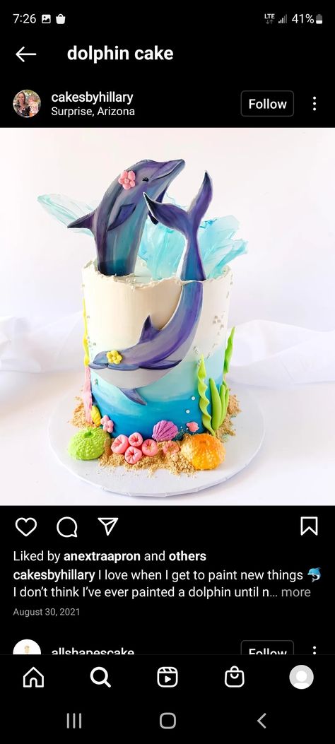 Dolphin Cake Ideas, Under The Sea Theme Cake, Dolphin Birthday Cakes, Sea Turtle Cake, Dolphin Cake, Dolphin Birthday, Beach Birthday Cake, Dolphin Cakes, Kid Cakes