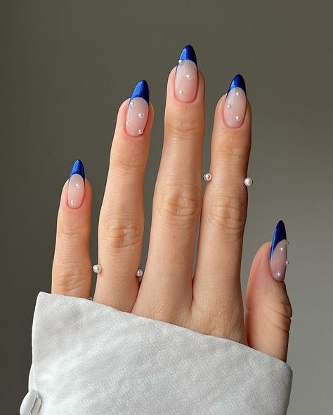 Graduation Nails Blue, Royal Blue And White Nails, Royal Blue French Tip Nails, Blue French Nails, French Nails Design, Royal Blue Nails Designs, Blue Nail Ideas, Royal Blue Nails, Classy Acrylic