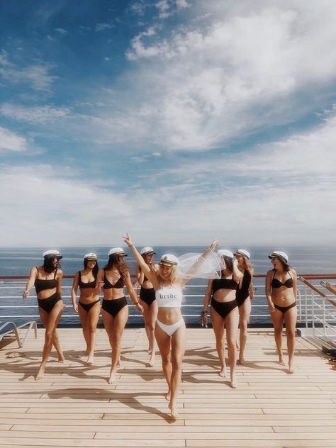 Bridal Party Bathing Suits, Boat Bachelorette Aesthetic, Beach Outfits Bachelorette, Ship Bachelorette Party, Bachelorette Yacht Party Ideas, Yacht Party Bachelorette, Indy Blue Bachelorette, Beach Bachelorette Swimsuit, Beach Party Bachelorette