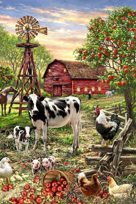 Farm Animals & Barn Diamond Painting Premium Soft Canvas Kit 40x60 image Short lint soft canvas - full drill round Included: Canvas, 5D drills in ziploc baggies, drill tray, application pen with 3 multi placers, wax adhesive 35 colors * DMC numbered This Farm Animals & Barn Diamond Painting Kit contains everything you need to complete a gorgeous country farm scene with diamond painting. The soft canvas provides a great surface and the poured glue works as an effective adhesive. Create a Farm Scene Painting, Painted Shorts, Farm Pictures, Farm Paintings, Farm Art, Barnyard Animals, Farm Scene, 500 Piece Jigsaw Puzzles, 500 Piece Puzzles