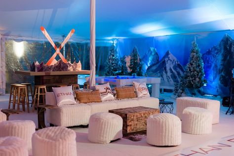 Jennifer Gould Luxe Event Design went above and beyond with this ski-themed Bar Mitzvah. Gondola cars with the guest of honor’s name cascaded from the tented ceiling above the custom, gilded dance floor. Each table was named after a ski town placed in the center of each white table surrounded by dainty evergreens and luminous candles. Ski Lodge Bar, Tented Ceiling, Ski Bar, Apres Ski Party, Snow Theme, Pop Up Bar, Lounge Party, Ski Town, Winter Event