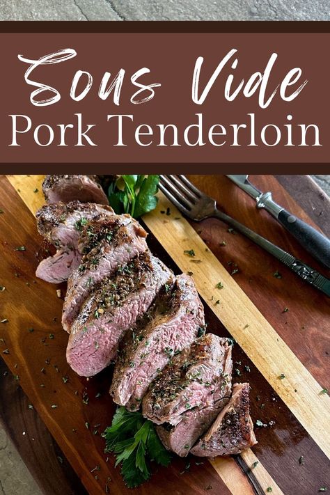 Sliced Sous Vide Pork Tenderloin with knife and fork. Pork Tenderloin Sous Vide, Sous Vide Pork Loin, Sous Vide Pork Tenderloin, Paleo Pork Tenderloin, Instant Pot Sous Vide, Easy Pork Tenderloin, Sous Vide Pork, Paleo Pork, Easy Macaroni