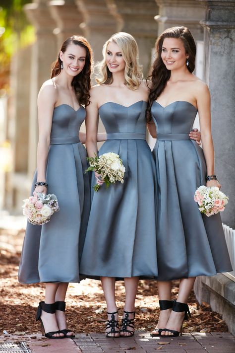 The fashion-forward midi length of this satin dress will take your bridesmaid’s style to the next level. With a sweetheart neckline and sweet, pleated skirt, this dress is the definition of elegance. Gray Satin Bridesmaid Dresses, Bridesmaid Dresses Midi, Cute Bridesmaid Dresses, Bridesmaid Dresses 2018, Princess Bridesmaid Dress, Tea Length Bridesmaid Dresses, Dress Satin Bridesmaid, Bridesmaid Dresses Satin, Sweetheart Bridesmaids Dresses