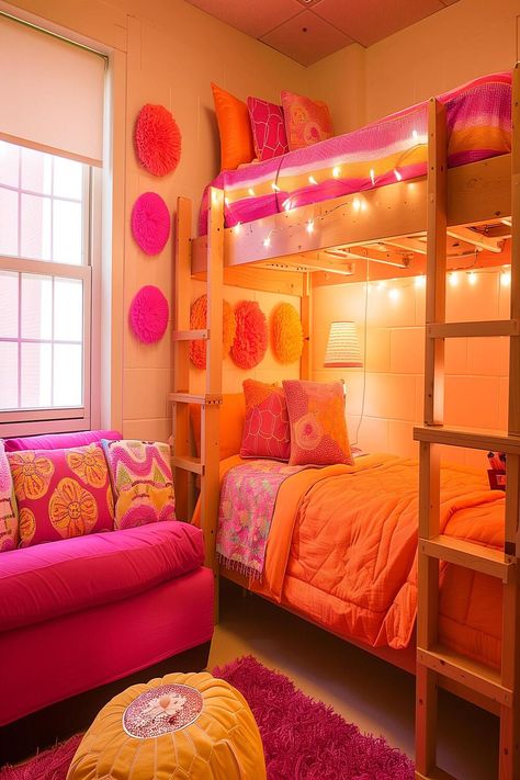 pink dorm bed ideas pink dorm room ideas for girls bunk bed dorm room ideas lofted bed pink dorm room bed ideas pink Pink And Orange Room Decor, Pink Orange Room, Girls Room With Bunk Beds, Dorm Room Bed Ideas, Dorm Room Ideas Lofted Bed, Room Bed Ideas, Pink And Orange Dorm Room, Pink And Orange Dorm, Kids Bedroom Bunk Bed