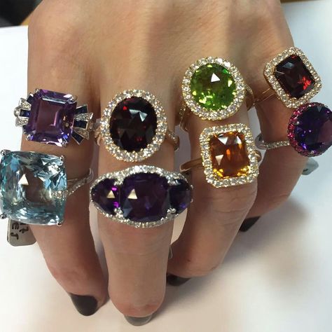 Gorgeous diamond and gemstone rings from the Luke Stockley Fine Jewellery collection. Amethyst Bluetopaz Citrine Peridot Garnet Large Gemstone Rings, Big Rings Aesthetic, Afroditi Hera, Jewelry Editorial, Big Rings, Gem Ring, Fine Jewelry Collection, Vintage Glamour, Fine Jewellery