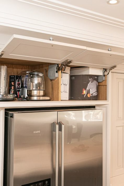 Shelving Around Fridge, What To Store Above Fridge Cabinets, Cupboards Above Fridge, Around Fridge Cabinets, Cupboard Above Fridge, Storage Over Fridge, Over Fridge Cabinet Ideas, Above The Fridge Storage, Over Fridge Storage Ideas