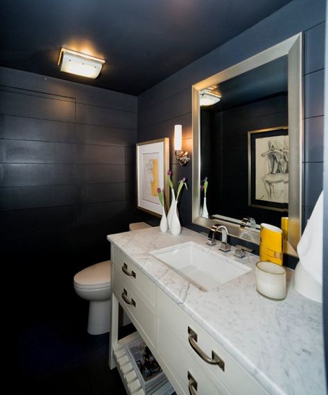 Navy Shiplap Walls with Navy Ceiling - Cottage - Bathroom Navy Shiplap, Navy Ceiling, Shiplap Bathroom Wall, Shiplap Paneling, Shiplap Bathroom, Shiplap Ceiling, Field House, Shiplap Walls, Small Toilet Room